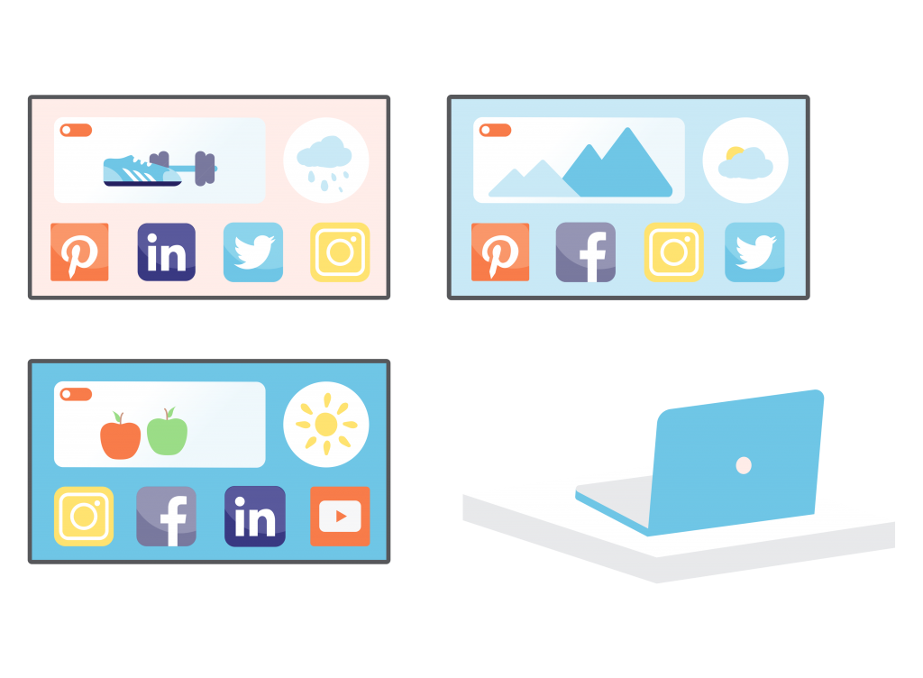 illustration laptop and multiple tv screens with social media
