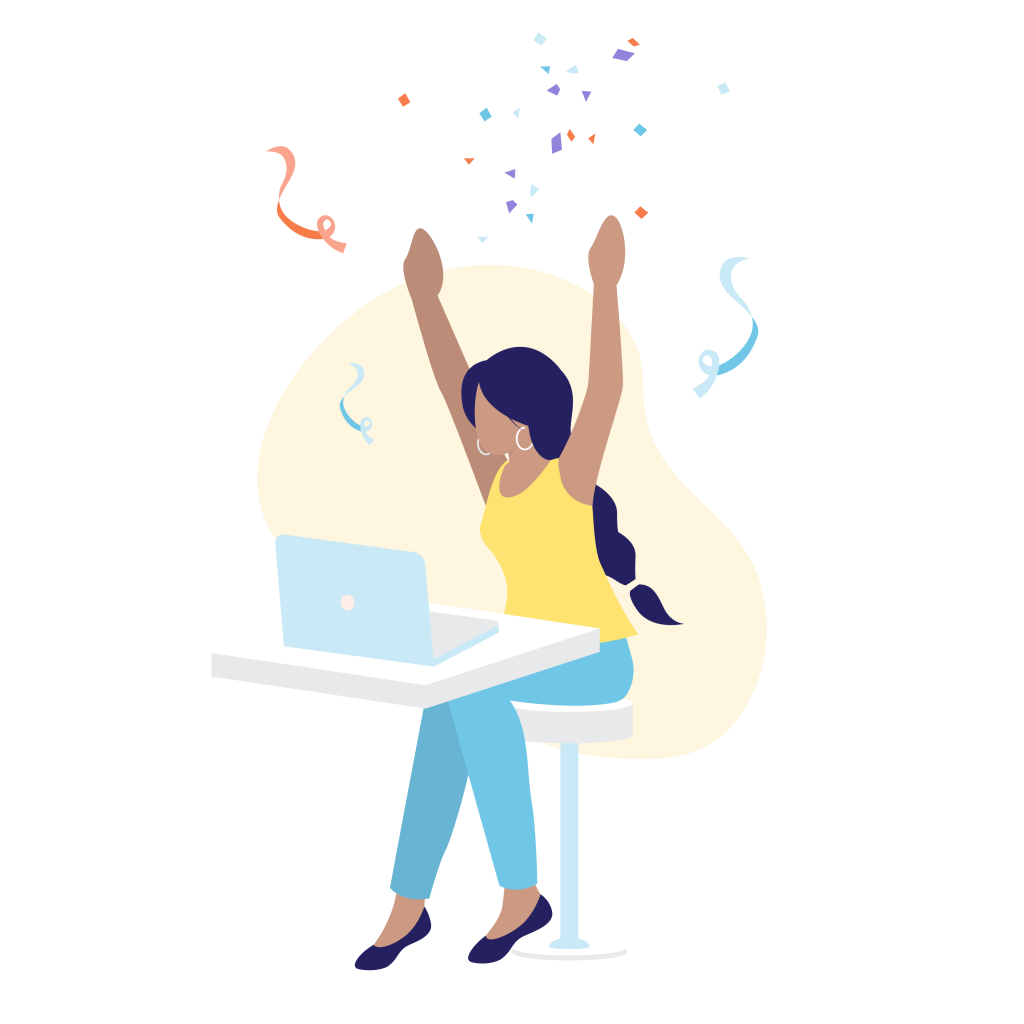 illustration of cheering woman behind laptop